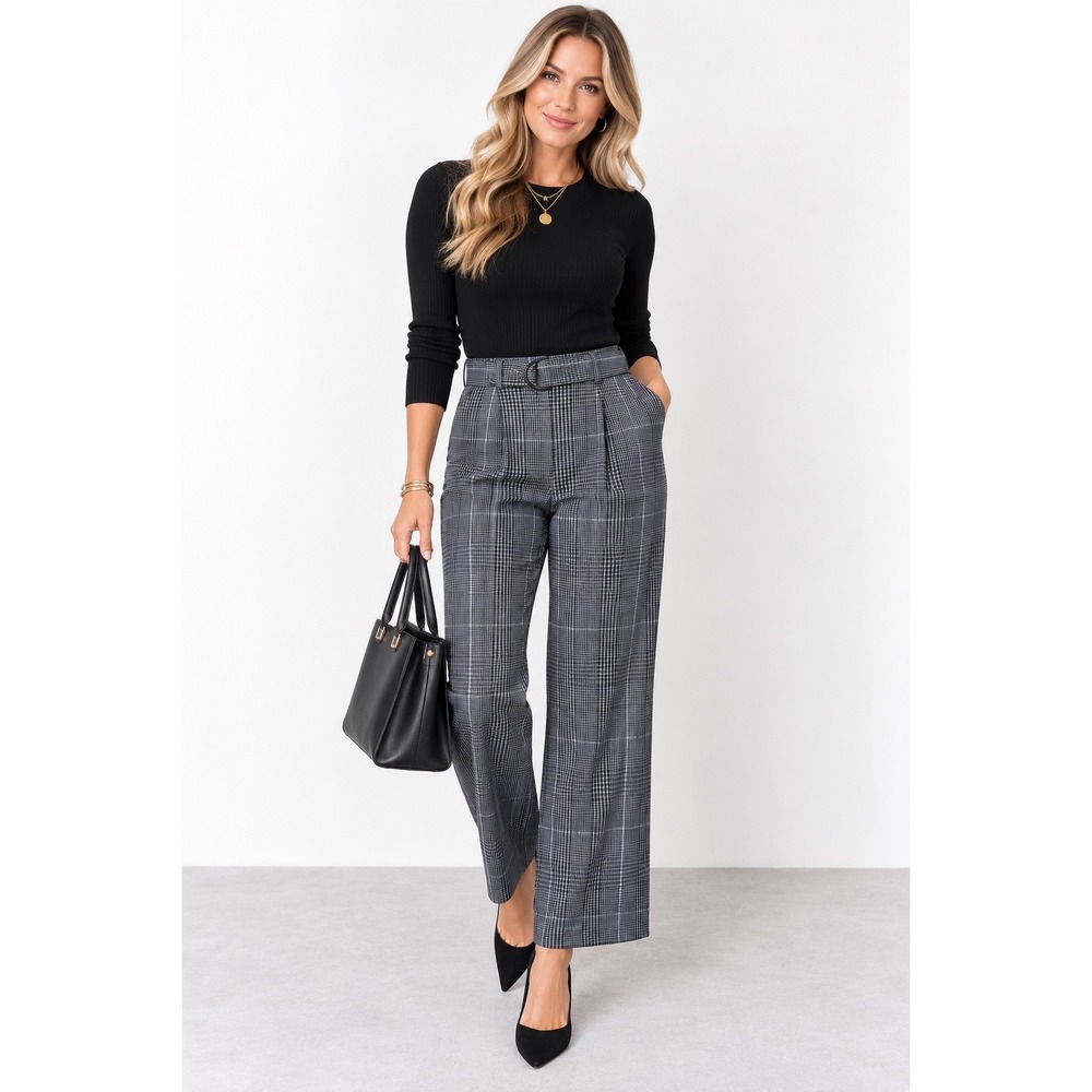 A New Day Plaid Trousers Women 12 Gray High Rise Wide Leg Belted Glen Check